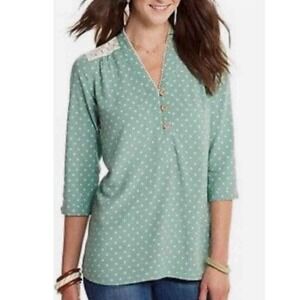 Matilda Jane Women's Green Lace Polka Dot Button Up Top Size Small‎